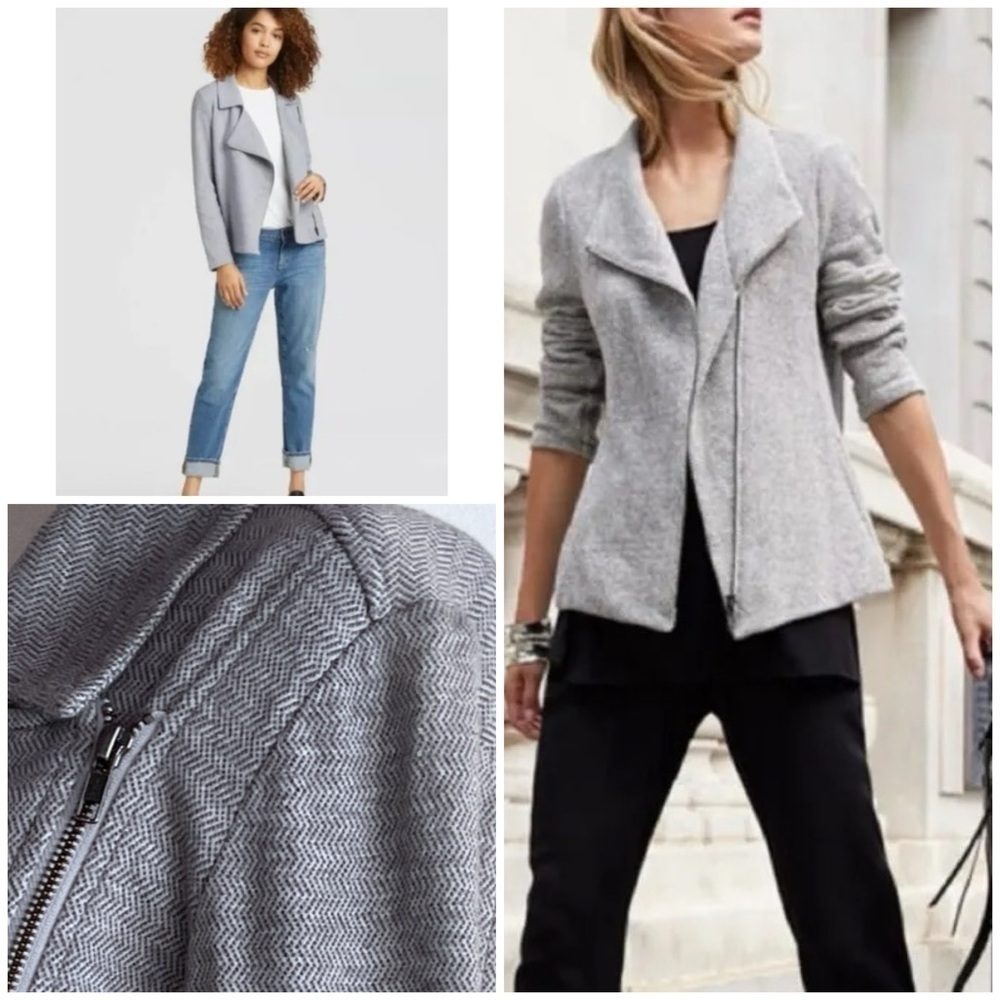EUC Eileen Fisher Herringbone Gray 100% Organic Cotton Collar Zip Moto Jacket M